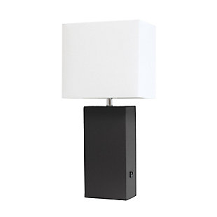 Home Accents Elegant Designs Modern Leather Lamp w USB & WHT Shade, Black, Black, large