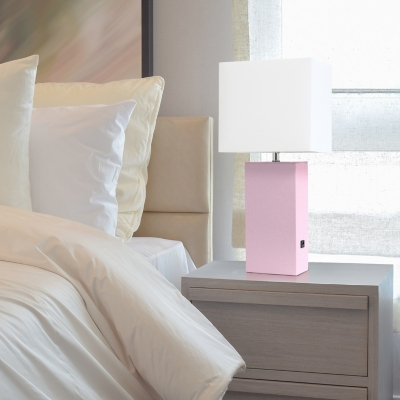Home Accents Elegant Designs Modern Leather Lamp w USB & WHT Shade, BPK, Light Pink, large