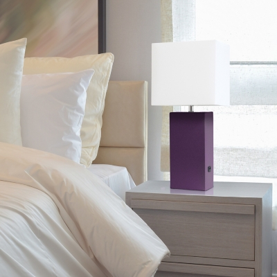 Home Accents Elegant Designs Modern Leather Lamp w USB & WHT Shade, EGP, Eggplant, large