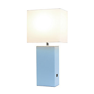 This simple yet modernized table lamp showcasing a leather body and white fabric shade is the perfect addition to your lighting needs. With a USB port on the side of the base, you are able to conveniently plug and/or charge your devide. Our products are designed to enhance your room with elegance and sophistication.Leather wrapped base with usb port | White fabric shade | Assembled dimensions: l: 10" x w: 6" x h: 21" | Uses 1 x 60w type a medium base bulb (not included)