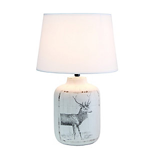 Check out this fine-looking traditionally shaped table lamp spruced with a bit of a rustic appeal.  A washed out and slightly unfinished ceramic base is decorated with a sketched deer design and paired with a white linen fabric shade.  In today's world of interior design, this lamp is the farmhouse or countryside lover's ideal lamp find.White wash ceramic base with decorative deer design | White linen empire fabric shade | Uses 1 x 60w type a medium base bulb (not included) | Easy on/off switch located on socket