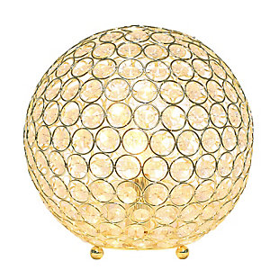 Make your room sparkle with a beautifully designed crystal ball shaped lamp. This 10" version is available in one of the many available finishes is the perfect addition to any bedroom, office, nursery, or even a foyer or entryway! We believe that lighting is like jewelry for your home. Our products will help to enhance your room with elegance and sophistication.Crystal ball shape glows from within casting pretty shadows | Threaded with steel rings and set on ball feet | Gold finish | Height: 10" diameter:10"