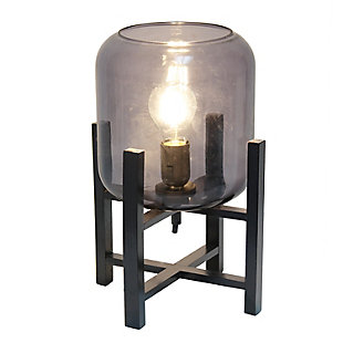 This contemporary lamp elevates the glass shade on a four-arm wood stand finished in black.  The curvy cylindrical smokey glass shade combined with the geometric wood base creates the perfect ensemble.  Place on a desk, nightstand, dresser or table  for a modest, refined look in fashion lighting.
**HELPFUL TIP: To get the complete vintage look, we recommend using a decorative Edison/Vintage bulb (not included). **Black wood base | Smokey glass shade | Easily accessible on/off switch located on the cord | Uses 1 x 40w medium type a base bulb (not included).
For full vintage look, type t45 edison bulb is recommended