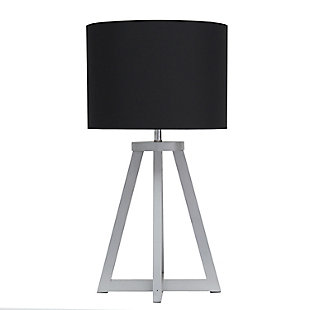 Add a touch of simplicity to your home with this contemporary lamp. The soft, black fabric shade compliments the geometric gray wood base for a clean, simple look.  Perfect lamp for a bedroom, living area, office, kid's room or college dorm.Gray wood base | Black fabric shade | Easily accessible on/off switch located on the cord | Uses 1 x 40w medium type a base bulb (not included)