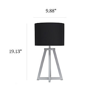 Add a touch of simplicity to your home with this contemporary lamp. The soft, black fabric shade compliments the geometric gray wood base for a clean, simple look.  Perfect lamp for a bedroom, living area, office, kid's room or college dorm.Gray wood base | Black fabric shade | Easily accessible on/off switch located on the cord | Uses 1 x 40w medium type a base bulb (not included)
