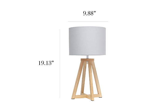 Add a touch of simplicity to your home with this contemporary lamp. The soft, gray fabric shade compliments the geometric natural wood base for a clean, simple look.  Perfect lamp for a bedroom, living area, office, kid's room or college dorm.Natural wood base | Gray fabric shade | Easily accessible on/off switch located on the cord | Uses 1 x 40w medium type a base bulb (not included)