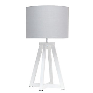 Add a touch of simplicity to your home with this contemporary lamp. The soft, gray fabric shade compliments the geometric white wood base for a clean, simple look.  Perfect lamp for a bedroom, living area, office, kid's room or college dorm.White wood base | Gray fabric shade | Easily accessible on/off switch located on the cord | Uses 1 x 40w medium type a base bulb (not included)
