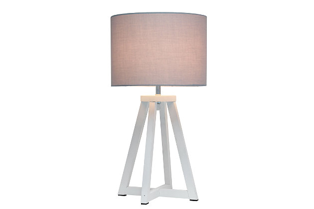 Add a touch of simplicity to your home with this contemporary lamp. The soft, gray fabric shade compliments the geometric white wood base for a clean, simple look.  Perfect lamp for a bedroom, living area, office, kid's room or college dorm.White wood base | Gray fabric shade | Easily accessible on/off switch located on the cord | Uses 1 x 40w medium type a base bulb (not included)
