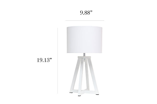 Add a touch of simplicity to your home with this contemporary lamp. The soft, white fabric shade compliments the geometric white wood base for a clean, simple look.  Perfect lamp for a bedroom, living area, office, kid's room or college dorm.White wood base | White fabric shade | Easily accessible on/off switch located on the cord | Uses 1 x 40w medium type a base bulb (not included)
