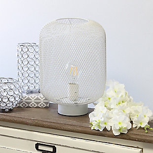 This metal table lamp with mesh shade will add ambiance and style to any room in your home! With a simple, lattice cut out design this lamp illuminates beautiy. Undoubtedly the perfect accent piece to your home, this industrial lamp will not disappoint! **HELPFUL TIP: To get the complete vintage look, we recommend using a decorative Edison/Vintage bulb (not included). **White metal base | White mesh metal shade | Easily accessible on/off switch located on the cord | Uses 1 x 40w type a base bulb (not included) for vintage look, type t45 edison bulb is recommended