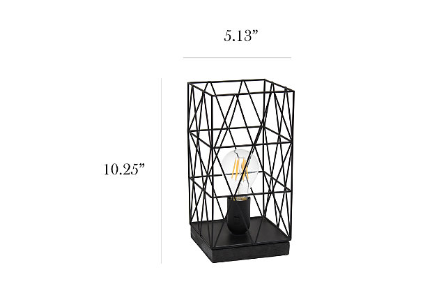 This metal table lamp with a retro inspired shade will add ambiance and style to any room in your home!  With a trendy cut out design this lamp illuminates beautifully.  Undoubtedly the perfect accent piece to your home, this lamp will not disappoint! 

**HELPFUL TIP: To get the complete vintage look, we recommend using a decorative Edison/Vintage bulb (not included). **Black metal base | Black geometric metal shade | Easily accessible on/off switch located on the cord | Uses 1 x 40w medium type a base bulb (not included)

for full vintage look, type t45 edison bulb is recommended