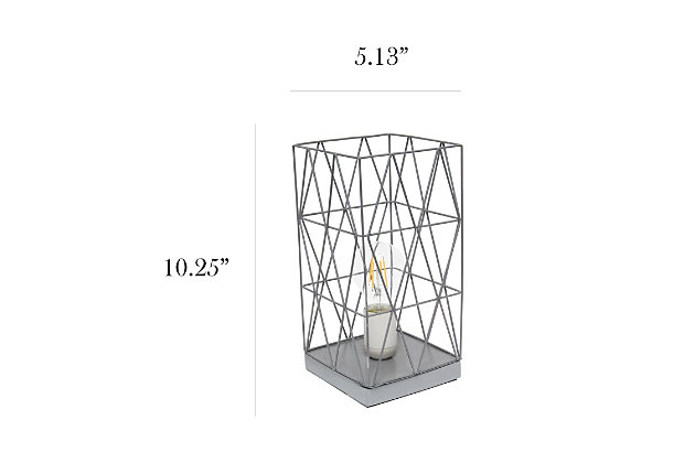 This metal table lamp with a retro inspired shade will add ambiance and style to any room in your home!  With a trendy cut out design this lamp illuminates beautifully.  Undoubtedly the perfect accent piece to your home, this lamp will not disappoint! 

**HELPFUL TIP: To get the complete vintage look, we recommend using a decorative Edison/Vintage bulb (not included). **Gray metal base | Gray geometric metal shade | Easily accessible on/off switch located on the cord | Uses 1 x 40w medium type a base bulb (not included)

for full vintage look, type t45 edison bulb is recommended