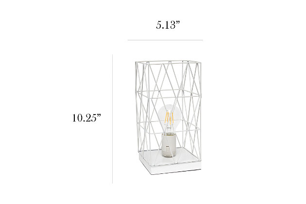This metal table lamp with a retro inspired shade will add ambiance and style to any room in your home!  With a trendy cut out design this lamp illuminates beautifully.  Undoubtedly the perfect accent piece to your home, this lamp will not disappoint! 

**HELPFUL TIP: To get the complete vintage look, we recommend using a decorative Edison/Vintage bulb (not included). **White metal base | Whitegeometric metal shade | Easily accessible on/off switch located on the cord | Uses 1 x 40w medium type a base bulb (not included)

for full vintage look, type t45 edison bulb is recommended