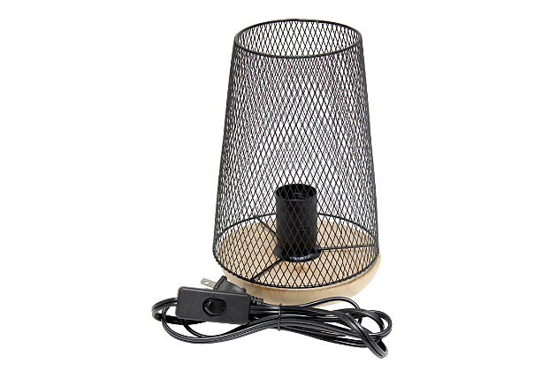 This metal table lamp with mesh shade will add ambiance and style to any room in your home! With a simple, lattice cut out design and natural wood base this lamp illuminates beautiy. Undoubtedly the perfect accent piece to your home, this industrial lamp will not disappoint! **HELPFUL TIP: To get the complete vintage look, we recommend using a decorative Edison/Vintage bulb (not included). **Natural wood base | Black mesh metal shade | Easily accessible on/off switch located on the cord | Uses 1 x 40w type a base bulb (not included) for vintage look, type t45 edison bulb is recommended