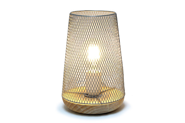 This metal table lamp with mesh shade will add ambiance and style to any room in your home!  With a simple, lattice cut out design and natural wood base this lamp illuminates beautifully.  Undoubtedly the perfect accent piece to your home, this industrial lamp will not disappoint! 

**HELPFUL TIP: To get the complete vintage look, we recommend using a decorative Edison/Vintage bulb (not included). **Natural wood base | Gray mesh metal shade | Easily accessible on/off switch located on the cord | Uses 1 x 40w medium type a base bulb (not included)

for full vintage look, type t45 edison bulb is recommended