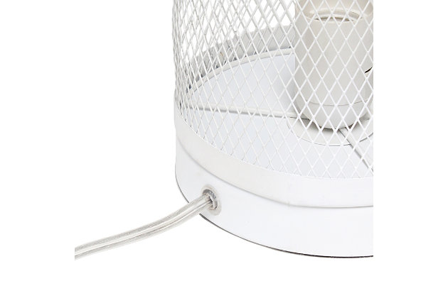 This metal table lamp with mesh shade will add ambiance and style to any room in your home!  With a simple, lattice cut out design this lamp illuminates beautifully and is the perfect size for your bedroom, living area, office, kid's room or college dorm.  Undoubtedly the perfect accent piece to your home, this industrial lamp will not disappoint! 

**HELPFUL TIP: To get the complete vintage look, we recommend using a decorative Edison/Vintage bulb (not included). **White metal base | White mesh metal shade | Easily accessible on/off switch located on the cord | Uses 1 x 40w medium type a base bulb (not included)

for full vintage look, type t45 edison bulb is recommended