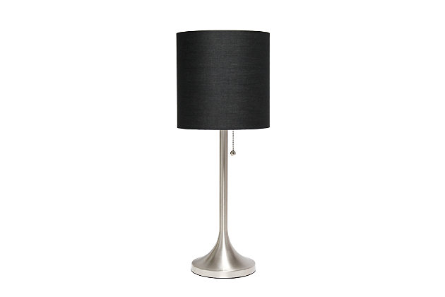 This fun and fashionable lamp features a brushed nickel metal base and black fabric drum shade making it the perfect addition to your lighting needs. This lamp will add simplicity and style to any space in your home.  Perfect for bedrooms, kids and teens, college dorms, nurseries, or fun offices!Brushed nickel metal base | Black fabric shade | Pull chain on/off switch | Uses 1 x 40w medium type a base bulb (not included)