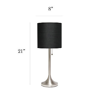 This fun and fashionable lamp features a brushed nickel metal base and black fabric drum shade making it the perfect addition to your lighting needs. This lamp will add simplicity and style to any space in your home.  Perfect for bedrooms, kids and teens, college dorms, nurseries, or fun offices!Brushed nickel metal base | Black fabric shade | Pull chain on/off switch | Uses 1 x 40w medium type a base bulb (not included)