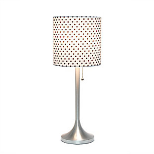 This fun and fashionable lamp features a brushed nickel metal base and polka dot fabric drum shade making it the perfect addition to your lighting needs. This lamp will add simplicity and style to any space in your home.  Perfect for bedrooms, kids and teens, college dorms, nurseries, or fun offices!Brushed nickel metal base | White with black polka dots fabric shade | Pull chain on/off switch | Uses 1 x 40w medium type a base bulb (not included)