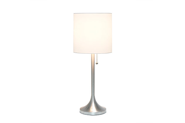 This fun and fashionable lamp features a brushed nickel metal base and white fabric drum shade making it the perfect addition to your lighting needs. This lamp will add simplicity and style to any space in your home.  Perfect for bedrooms, kids and teens, college dorms, nurseries, or fun offices!Brushed nickel metal base | White fabric shade | Pull chain on/off switch | Uses 1 x 40w medium type a base bulb (not included)