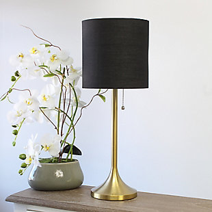 This fun and fashionable lamp features a gold metal base and black fabric drum shade making it the perfect addition to your lighting needs. This lamp will add simplicity and style to any space in your home.  Perfect for bedrooms, kids and teens, college dorms, nurseries, or fun offices!Gold metal base | Black fabric shade | Pull chain on/off switch | Uses 1 x 40w medium type a base bulb (not included)