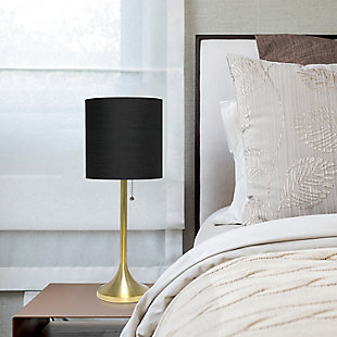 This fun and fashionable lamp features a gold metal base and black fabric drum shade making it the perfect addition to your lighting needs. This lamp will add simplicity and style to any space in your home.  Perfect for bedrooms, kids and teens, college dorms, nurseries, or fun offices!Gold metal base | Black fabric shade | Pull chain on/off switch | Uses 1 x 40w medium type a base bulb (not included)