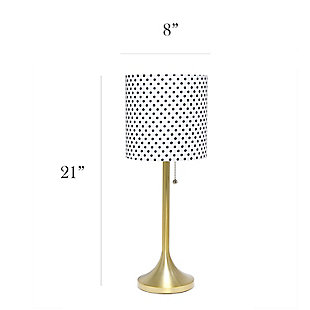 This fun and fashionable lamp features a gold metal base and polka dot fabric drum shade making it the perfect addition to your lighting needs. This lamp will add simplicity and style to any space in your home.  Perfect for bedrooms, kids and teens, college dorms, nurseries, or fun offices!Gold metal base | White with black polka dots fabric shade | Pull chain on/off switch | Uses 1 x 40w medium type a base bulb (not included)