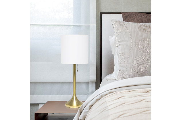 This fun and fashionable lamp features a gold metal base and white fabric drum shade making it the perfect addition to your lighting needs. This lamp will add simplicity and style to any space in your home.  Perfect for bedrooms, kids and teens, college dorms, nurseries, or fun offices!Gold metal base | White fabric shade | Pull chain on/off switch | Uses 1 x 40w medium type a base bulb (not included)