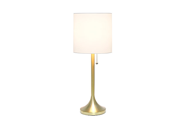 This fun and fashionable lamp features a gold metal base and white fabric drum shade making it the perfect addition to your lighting needs. This lamp will add simplicity and style to any space in your home.  Perfect for bedrooms, kids and teens, college dorms, nurseries, or fun offices!Gold metal base | White fabric shade | Pull chain on/off switch | Uses 1 x 40w medium type a base bulb (not included)