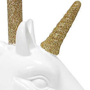 Add a touch of personality to your décor with this fun unicorn lamp!   With a white resin base and touches of shimmering gold glitter this lamp is sure to illuminate any room in style. Perfect for bedrooms, kids and teens, college dorms or nurseries!White + gold glitter resin base | White tapered fabric shade | Easily accessible rotary switch located on the cord | Uses 1 x 40w medium type a base bulb (not included)