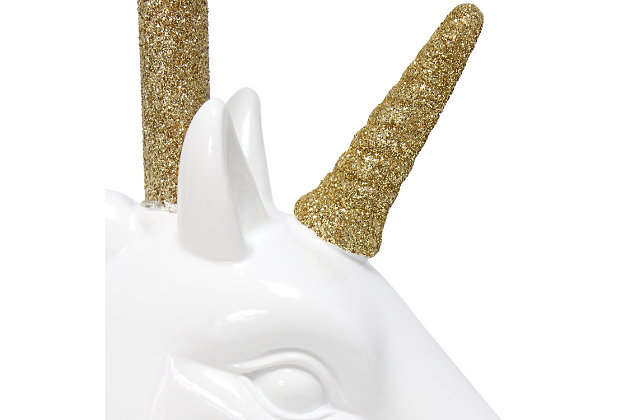 Add a touch of personality to your décor with this fun unicorn lamp!   With a white resin base and touches of shimmering gold glitter this lamp is sure to illuminate any room in style. Perfect for bedrooms, kids and teens, college dorms or nurseries!White + gold glitter resin base | White tapered fabric shade | Easily accessible rotary switch located on the cord | Uses 1 x 40w medium type a base bulb (not included)
