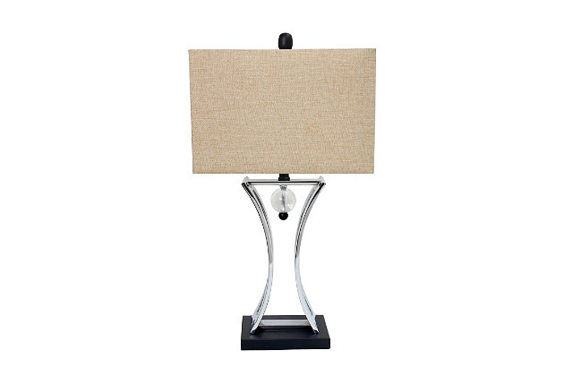 This modern table lamp features an hourglass shape and pendulum design. The chrome finished body, matte black base, and commercial beige and gray rectangular shade complement this current look. This lamp will add a contemporary flair to any conference room, waiting area, or office. We believe that lighting is like jewelry for your home. Our products will help to enhance your room with elegance and sophistication.Commercial beige and tan rectangular shade | Hourglass shaped chrome body with pendulum design | Matte black base | Assembled dimensions: l: 15" x w: 8" x h: 28"