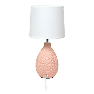 A charming and practical table lamp to meet your fashion lighting needs. This lamp features an oval textured stucco ceramic base and a white fabric shade. Perfect for living room, bedroom, office, kids room, or college dorm!Textured stucco oval ceramic base | White fabric shade | Perfect for living room, bedroom, office, kids room, or college dorm | Height: 14.17" shade diameter: 7.25"