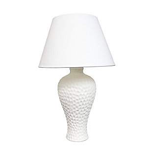 A charming and practical table lamp to meet your fashion lighting needs. This lamp features a textured stucco ceramic base and matching fabric shade. Perfect for living room, bedroom, or office.Textured stucco curvy ceramic base | Matching fabric shade | Perfect for living room, bedroom, or office | Height: 20.08" shade diameter: 12.25"