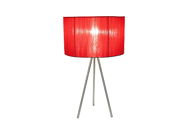 This fashionable table lamp, with its brushed nickel tripod base and pleated silk band sheer fabric shade, will add style and pizazz to any room. We believe that lighting is like jewelry for your home. Our products will help to enhance your room with elegance and sophistication.Pleated sheer silk band fabric shade | Trendy brushed nickel tripod base | Perfect for living room, bedroom, office, kids room, or college dorm | Height: 19.69" shade diameter: 11.81"