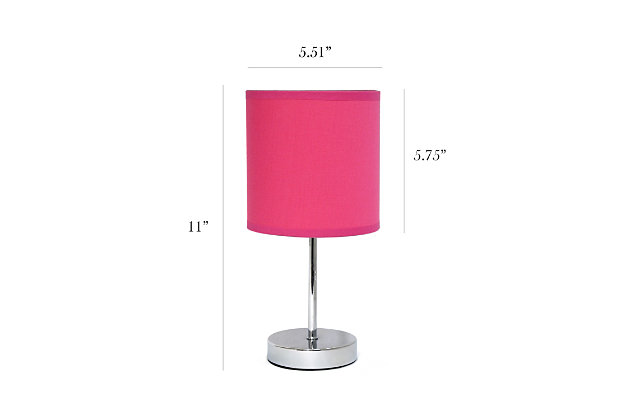 A lovely, inexpensive, and practical table lamp to meet your basic fashion lighting needs. This mini lamp features a chrome base and fabric shade. Perfect for living room, bedroom, office, kids room, or college dorm!Fabric shade | Mini chrome base | Perfect for living room, bedroom, office, kids room, or college dorm | Height: 11" shade diameter: 5.51"