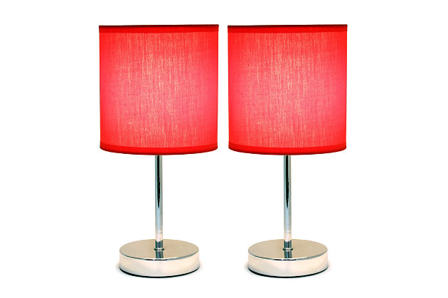 A lovely, inexpensive, and practical table lamp set to meet your basic fashion lighting needs. These mini lamps feature a chrome base and fabric shades. Perfect for living room, bedroom, office, kids room, or college dorm!2 x fabric shades | 2 x mini chrome bases | Perfect for living room, bedroom, office, kids room, or college dorm | Each measures: height: 11" shade diameter: 5.51"
