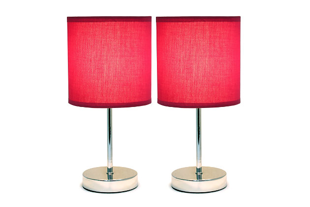A lovely, inexpensive, and practical table lamp set to meet your basic fashion lighting needs. These mini lamps feature a chrome base and fabric shades. Perfect for living room, bedroom, office, kids room, or college dorm!2 x fabric shades | 2 x mini chrome bases | Perfect for living room, bedroom, office, kids room, or college dorm | Each measures: height: 11" shade diameter: 5.51"