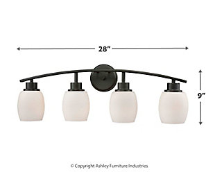 Looking for an effortlessly chic sense of style? With the Casual Mission 4-light bath vanity fixture—mission accomplished. Its cool, curved design is sure to bring a headturning element to a master bathroom or powder room.Made of metal in oil rubbed bronze-tone finish | Opal white glass shades | 4 E26 bulbs (not included); 100-watt max | Uplit or downlit positioning | Indoor use only | Hardwired; professional installation recommended | Clean with a soft, dry cloth