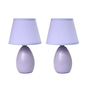 A lovely, inexpensive, and practical table lamp set to meet your basic fashion lighting needs. These mini lamps feature an oval shaped ceramic base and matching fabric shades. Perfect for living room, bedroom, office, kids room, or college dorm!2 x mini oval ceramic bases | 2 x matching fabric shades | Perfect for living room, bedroom, office, kids room, or college dorm | Each measures: height: 9.45" shade diameter: 5.5"
