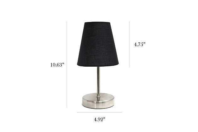 Charming, inexpensive, and practical mini table lamp set to meet your basic fashion lighting needs. These mini lamps feature a sand nickel metal base and fabric shades. Perfect for living room, bedroom, office, kids room, or college dorm!2 x sand nickel metal mini bases | 2 x  fabric shades | Perfect for living room, bedroom, office, kids room, or college dorm | Height: 10.63" shade diameter: 4.92"