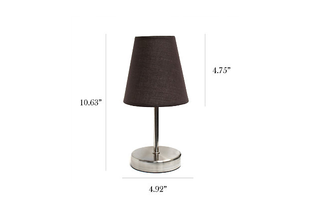 A charming, inexpensive, and practical mini table lamp to meet your basic fashion lighting needs. This mini lamp features a sand nickel metal base and fabric shade. Perfect for living room, bedroom, office, kids room, or college dorm!Sand nickel metal mini base | Fabric shade | Perfect for living room, bedroom, office, kids room, or college dorm | Height: 10.63" shade diameter: 4.92"