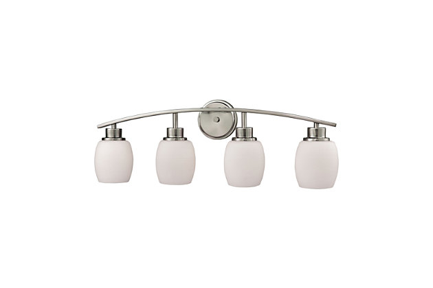 Looking for an effortlessly chic sense of style? With the Casual Mission 4-light bath vanity fixture—mission accomplished. Its cool, curved design is sure to bring a headturning element to a master bathroom or powder room.Made of metal in brushed nickel-tone finish | Opal white glass shades | 4 E26 bulbs (not included); 100-watt max | Uplit or downlit positioning | Indoor use only | Hardwired; professional installation recommended | Clean with a soft, dry cloth