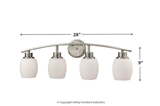 Looking for an effortlessly chic sense of style? With the Casual Mission 4-light bath vanity fixture—mission accomplished. Its cool, curved design is sure to bring a headturning element to a master bathroom or powder room.Made of metal in brushed nickel-tone finish | Opal white glass shades | 4 E26 bulbs (not included); 100-watt max | Uplit or downlit positioning | Indoor use only | Hardwired; professional installation recommended | Clean with a soft, dry cloth