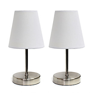 Charming, inexpensive, and practical mini table lamp set to meet your basic fashion lighting needs. These mini lamps feature a sand nickel metal base and fabric shades. Perfect for living room, bedroom, office, kids room, or college dorm!2 x sand nickel metal mini bases | 2 x  fabric shades | Perfect for living room, bedroom, office, kids room, or college dorm | Height: 10.63" shade diameter: 4.92"
