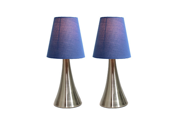 Add a contemporary feel to any room with these attractive brushed nickel touch lamps. Touch controls with 4 settings (Low, Medium, High, Off). The fabric shades complete this modern look. Perfect lamp for bedroom night tables. We believe that lighting is like jewelry for your home. Our products will help to enhance your room with chic sophistication.2 x mini brushed nickel metal touch bases | 2 x fabric shades | 4 touch settings (high, medium, low, off) | Height: 11.5" shade diameter: 4.88"