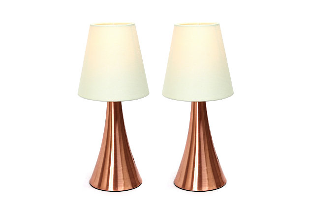 Add a contemporary feel to any room with these attractive golden rose touch lamps. Touch controls with 4 settings (Low, Medium, High, Off). The fabric shades complete this modern look. Perfect lamp for bedroom night tables. We believe that lighting is like jewelry for your home. Our products will help to enhance your room with chic sophistication.2 x mini rose gold metal touch bases | 2 x fabric shades | 4 touch settings (high, medium, low, off) | Height: 11.5" shade diameter: 4.88"