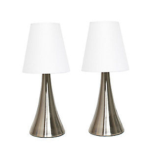 Add a contemporary feel to any room with these attractive brushed nickel touch lamps. Touch controls with 4 settings (Low, Medium, High, Off). The fabric shades complete this modern look. Perfect lamp for bedroom night tables. We believe that lighting is like jewelry for your home. Our products will help to enhance your room with chic sophistication.2 x mini brushed nickel metal touch bases | 2 x fabric shades | 4 touch settings (high, medium, low, off) | Height: 11.5" shade diameter: 4.88"