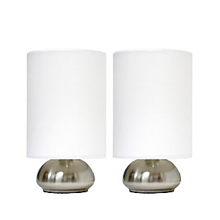 Add a contemporary feel to any room with these attractive brushed nickel touch lamps. Touch controls with 4 settings (Low, Medium, High, Off). The fabric shades complete this modern look. Perfect lamp for bedroom night tables. We believe that lighting is like jewelry for your home. Our products will help to enhance your room with chic sophistication.2 x fabric shades | 2 x  mini brushed nickel touch bases | 4 touch settings (high, medium, low, off) | Dimensions: height: 9" x shade diameter: 5"