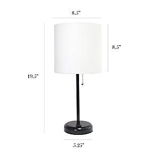 This fun and fashionable lamp features a black base and a fabric shade. It comes equipped with a 2 prong outlet seated in the base for use to charge mobile phones, handheld games, tablets, and other small electronics. This lamp will add a fabulous flair to any room. Perfect for bedrooms, kids and teens, college dorms, nurseries, or fun offices!Black base with charging outlet | Fabric shade | Perfect for bedrooms, kids room, college dorm, nursery, or fun office | Shade diameter: 8.5" x height: 19.5"